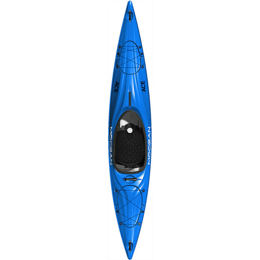 Top-down view of a blue kayak on a white background.