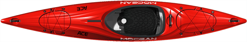 Top-down view of a bright red kayak on a white background.