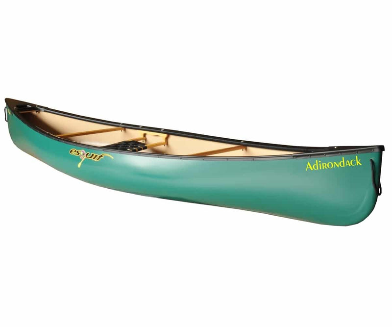 Teal colored canoe with yellow accents against a white background. 
