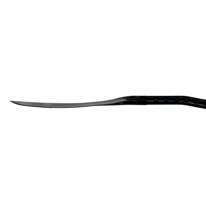 Side view of a black paddle on a white background.