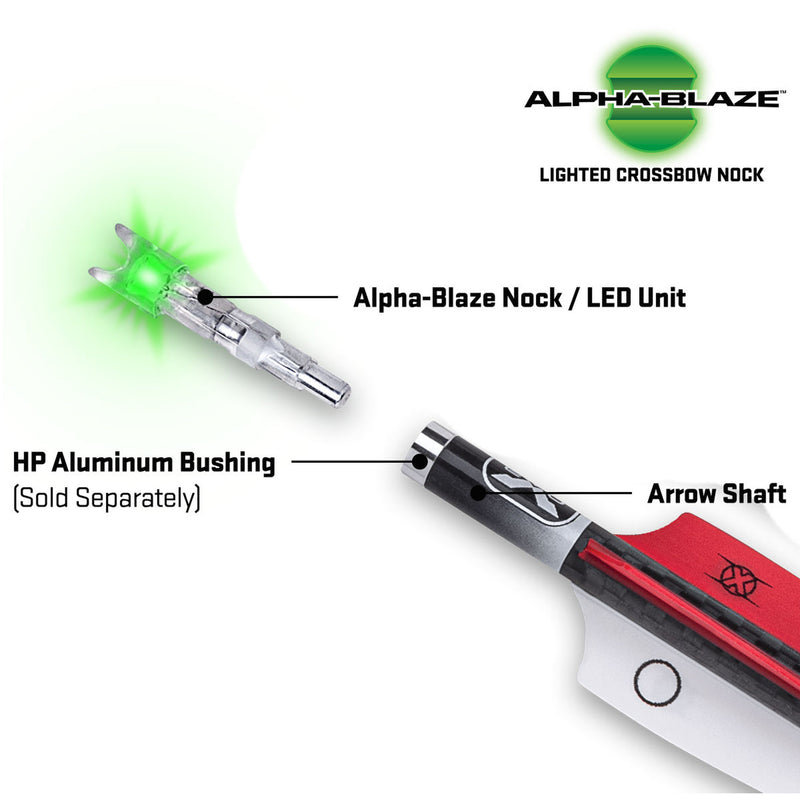 Alpha-Blaze lighted crossbow nock shown on a white background with callout labels pointing to the LED unit and arrow shaft, plus the Alpha-Blaze logo and text indicating the aluminum bushing is sold separately.