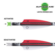 Two arrow nocks shown on a white background, labeled ACTIVATED and DEACTIVATED, with the Alpha-Blaze Lighted Crossbow Nock branding at the top. The nocks have red and black flight plates, a white nock body, and a green light shown when activated.