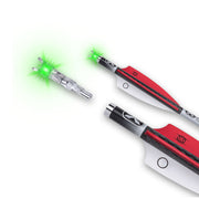 Two crossbow bolts with green lighted nocks on a white background