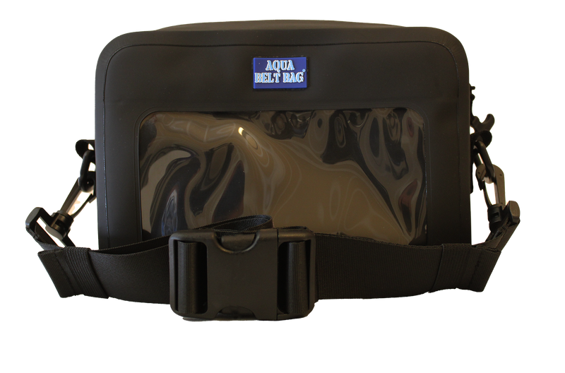 Black waterproof belt bag against a white background. 