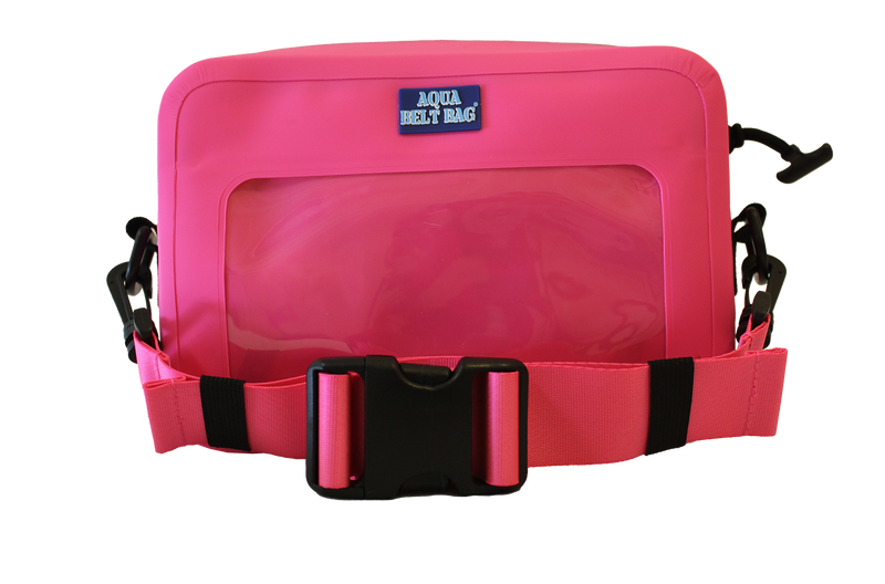 Hot pink waterproof belt bag against a white background. 