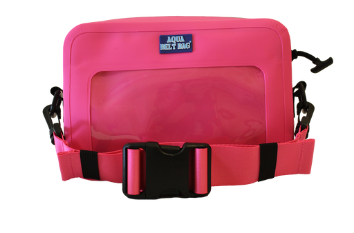 Hot pink waterproof belt bag against a white background. 