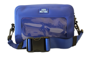Navy blue waterproof belt bag against a white background. 