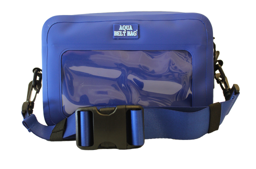 Navy blue waterproof belt bag against a white background. 