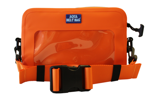 Orange waterproof belt bag against a white background. 