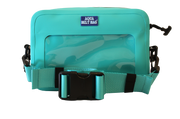 Teal waterproof belt bag against a white background. 