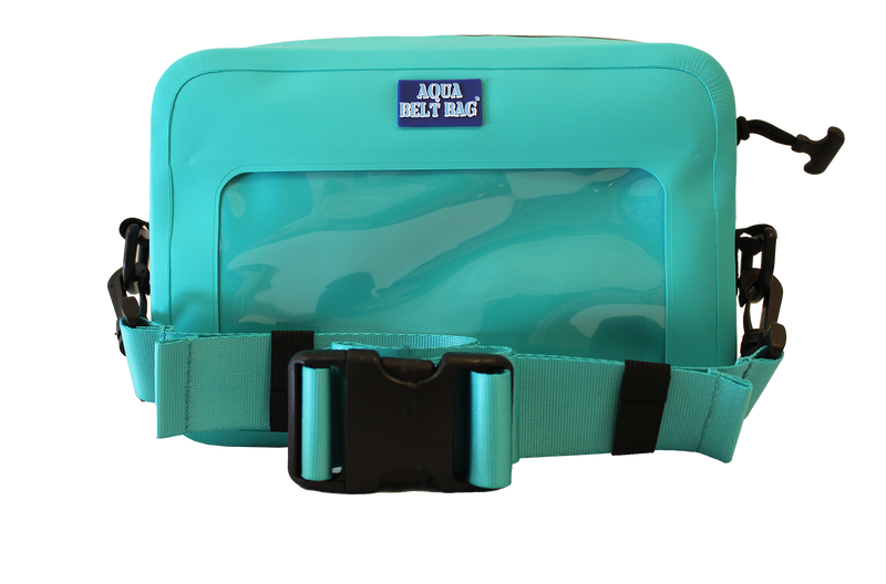 Teal waterproof belt bag against a white background. 
