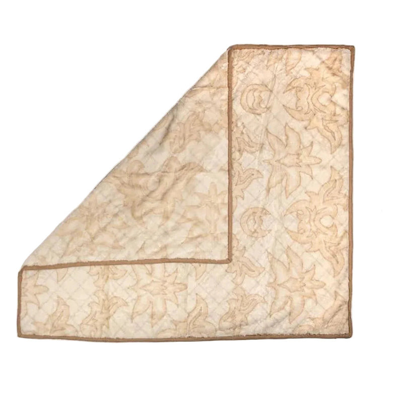 Beige blanket with floral pattern and measurements on a white background