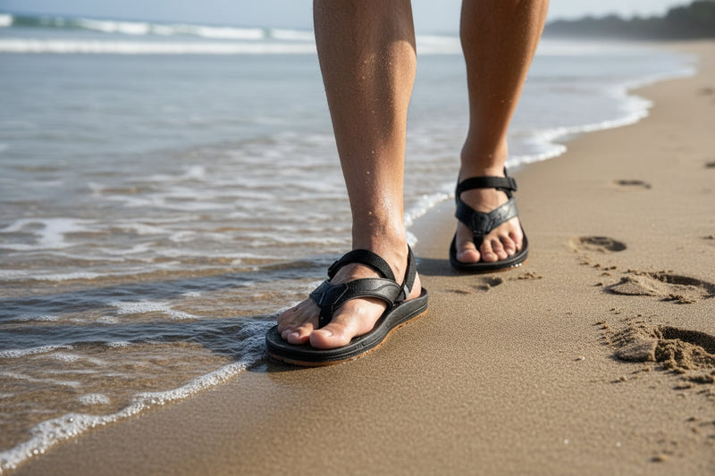 A man walking down the coastline wearing a pair of black sandals.