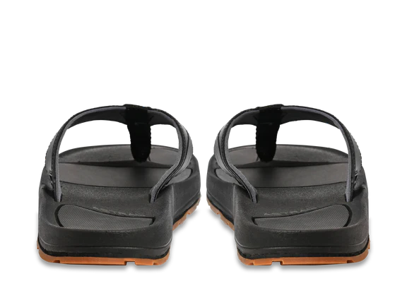 Back view of a pair of pair of black sandals against a white background. 