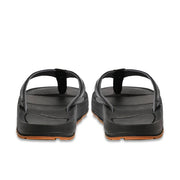 Back view of a pair of pair of black sandals against a white background. 