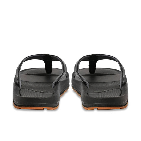 Back view of a pair of pair of black sandals against a white background. 
