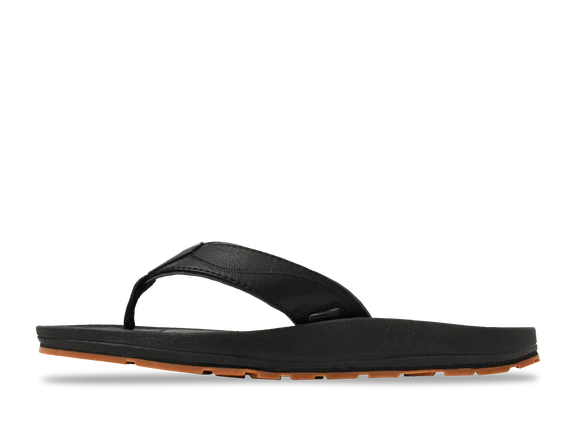 Side view of a black sandal against a white background. 