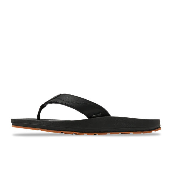 Side view of a black sandal against a white background. 