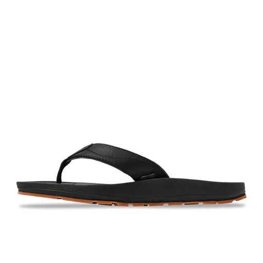 Side view of a black sandal against a white background. 