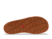 Brown bottom sole of a sandal against a white background. 