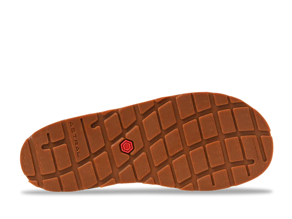 Brown bottom sole of a sandal against a white background. 