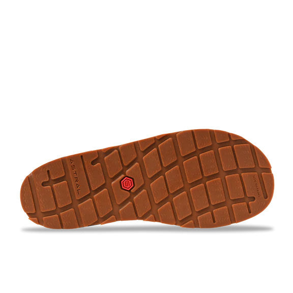 Brown bottom sole of a sandal against a white background. 