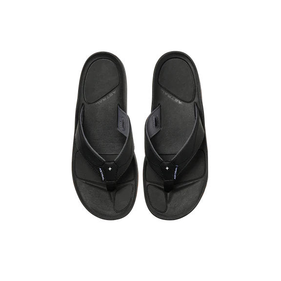 Top-down view of a pair of black sandals against a white background. 