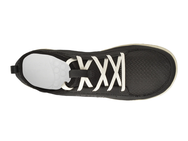 Black sneaker with white laces on a white background