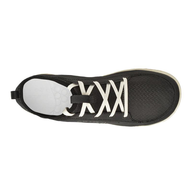 Black sneaker with white laces on a white background