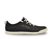 Black shoe with white laces and sole on a white background, featuring the brand 'Astral'.