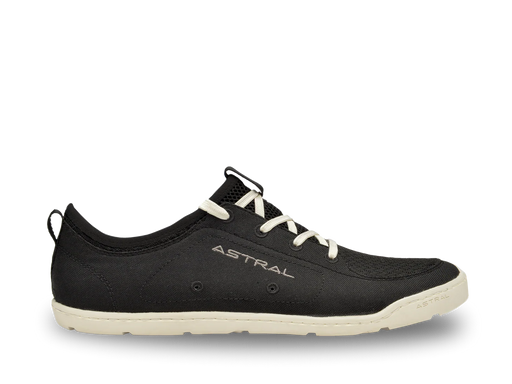 Black shoe with white laces and sole on a white background, featuring the brand 'Astral'.
