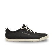 Black shoe with white laces and sole on a white background, featuring the brand 'Astral'.