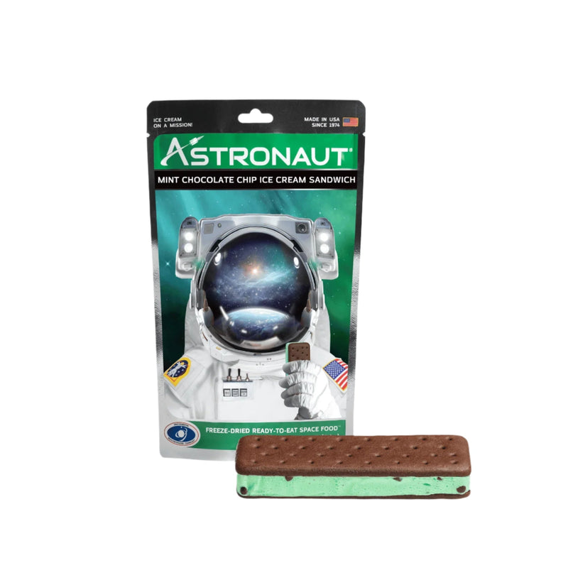Astronaut-themed mint chocolate chip ice cream sandwich packaging on a white background