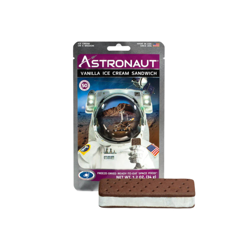 Astronaut-themed vanilla ice cream sandwich packaging with an astronaut illustration on a white background.