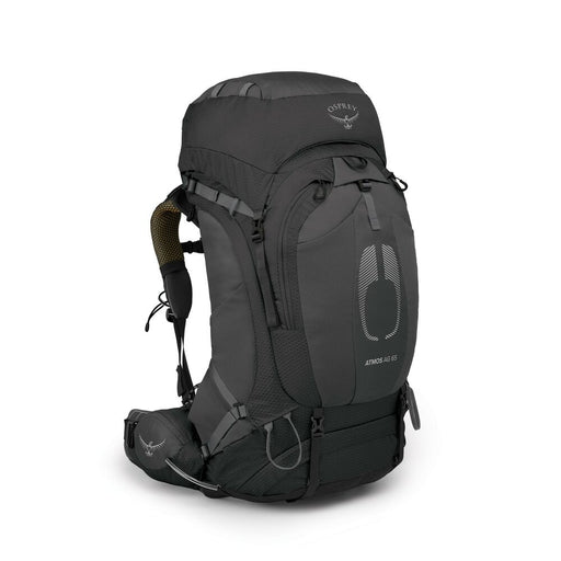 The back of a black hiking backpack on a white background