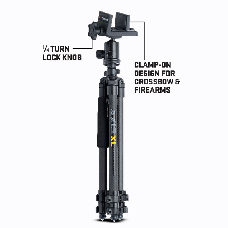 A black carbon-fiber tripod with a clamp-on mount at the top, shown on a white background with callout text pointing to the lock knob and clamp-on design.