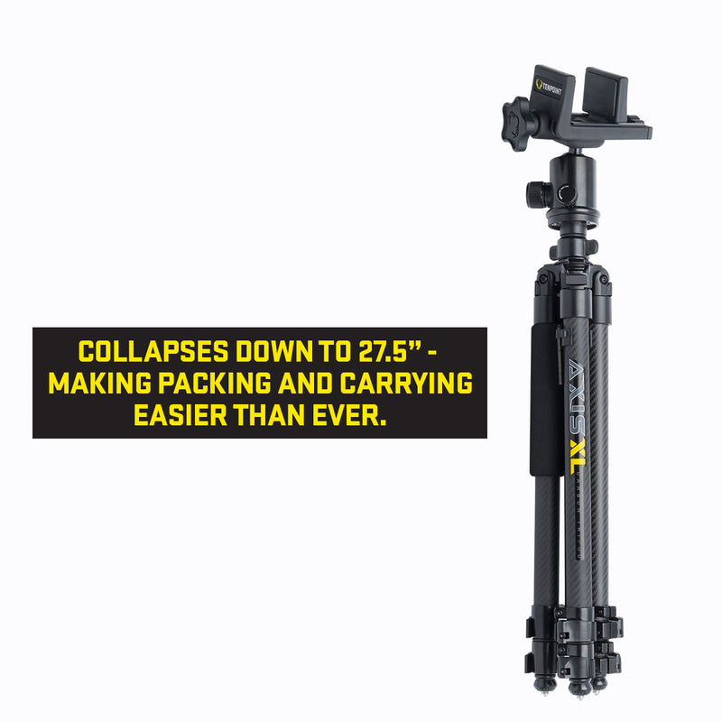 A black tripod shown partially collapsed on a white background, with a black text banner on the left that reads, 'COLLAPSES DOWN TO 27.5" - MAKING PACKING AND CARRYING EASIER THAN EVER.