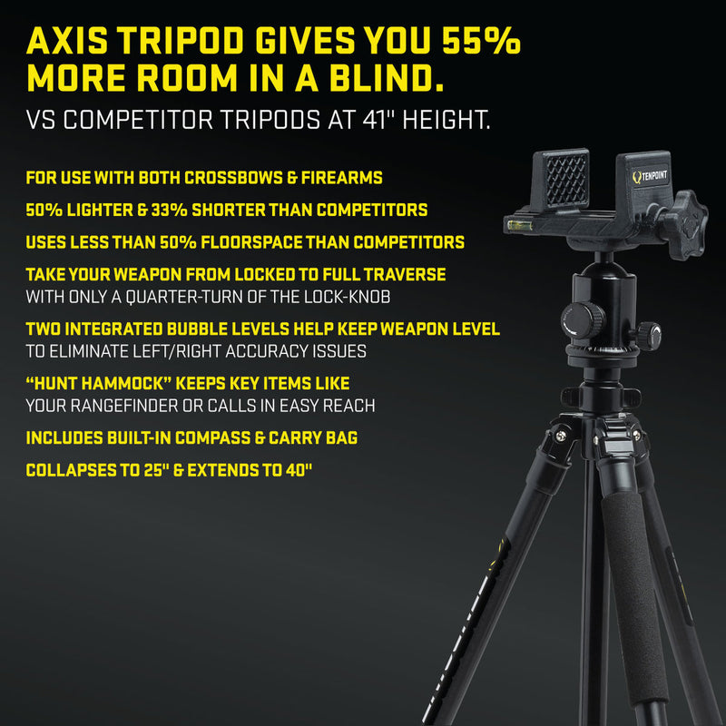 Black Axis tripod photographed on a dark background with large yellow marketing text describing its features, including 55% more room in a blind and compatibility with crossbows and firearms.
