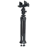 A black tripod with a ball head and a mountedcrossbow/firearm bracket, shown against a plain white background.