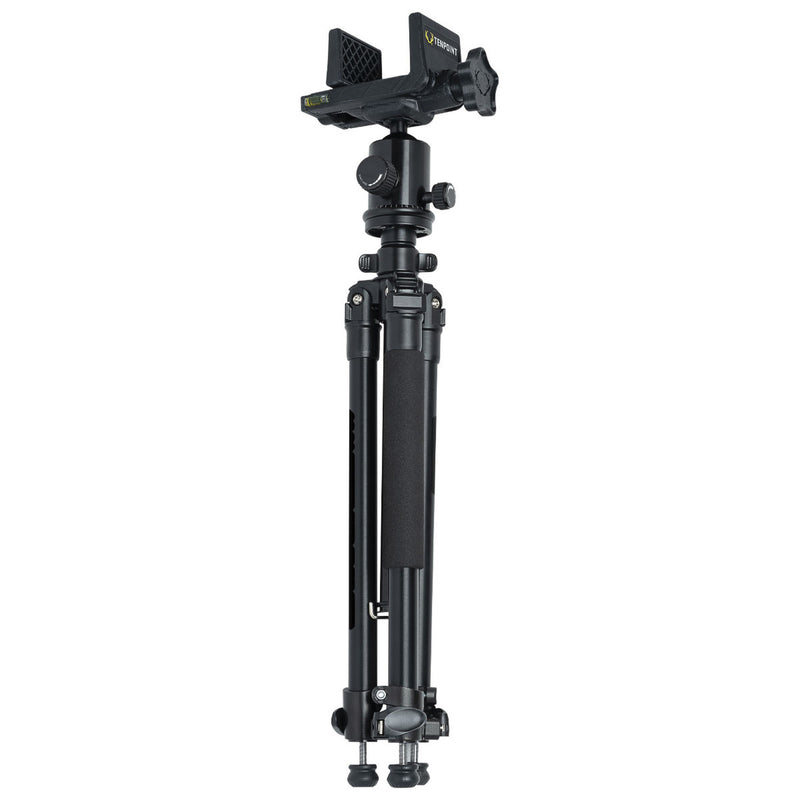 A black tripod with a ball head and a mountedcrossbow/firearm bracket, shown against a plain white background.