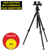 A black tripod on a white background, with marketing text reading 'USES LESS THAN 50% FLOORSPACE THAN COMPETITORS' and a red-and-yellow circle graphic labeled 'COMPETITOR' and 'AXIS'.