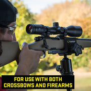A person aiming a rifle with a mounted scope and tripod in an outdoor setting, with a black banner at the bottom reading 'FOR USE WITH BOTH CROSSBOWS AND FIREARMS'.