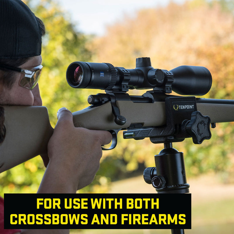 A person aiming a rifle with a mounted scope and tripod in an outdoor setting, with a black banner at the bottom reading 'FOR USE WITH BOTH CROSSBOWS AND FIREARMS'.