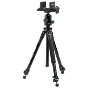 Black tripod with crossbow/firearm mount on a white background