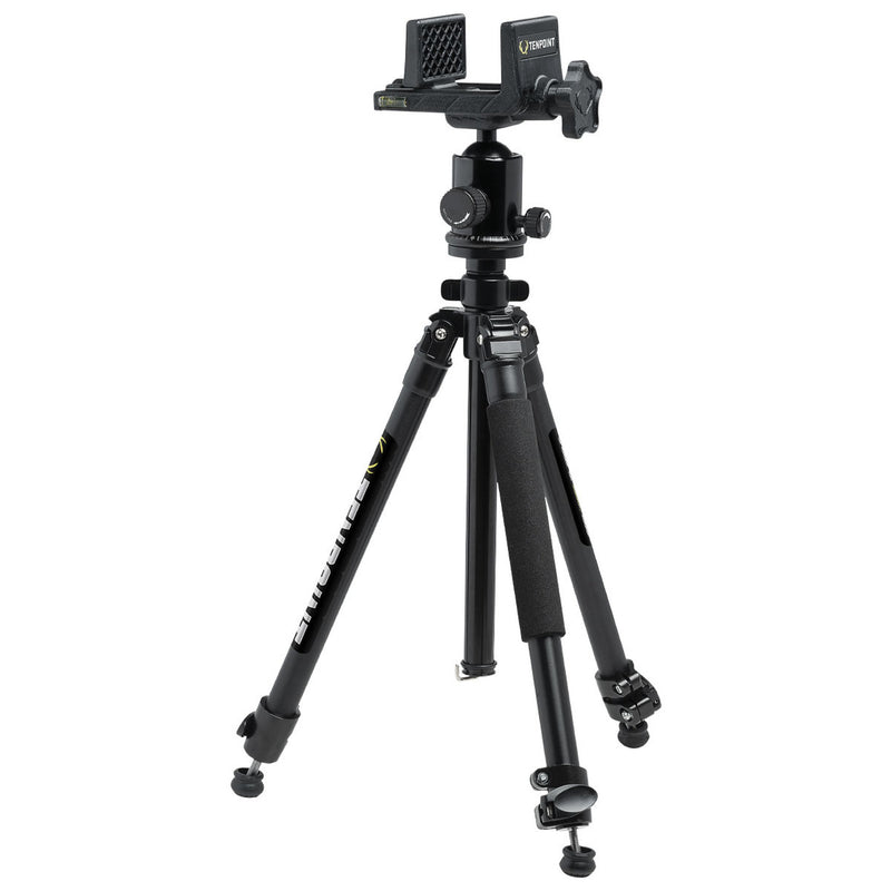 Black tripod with crossbow/firearm mount on a white background