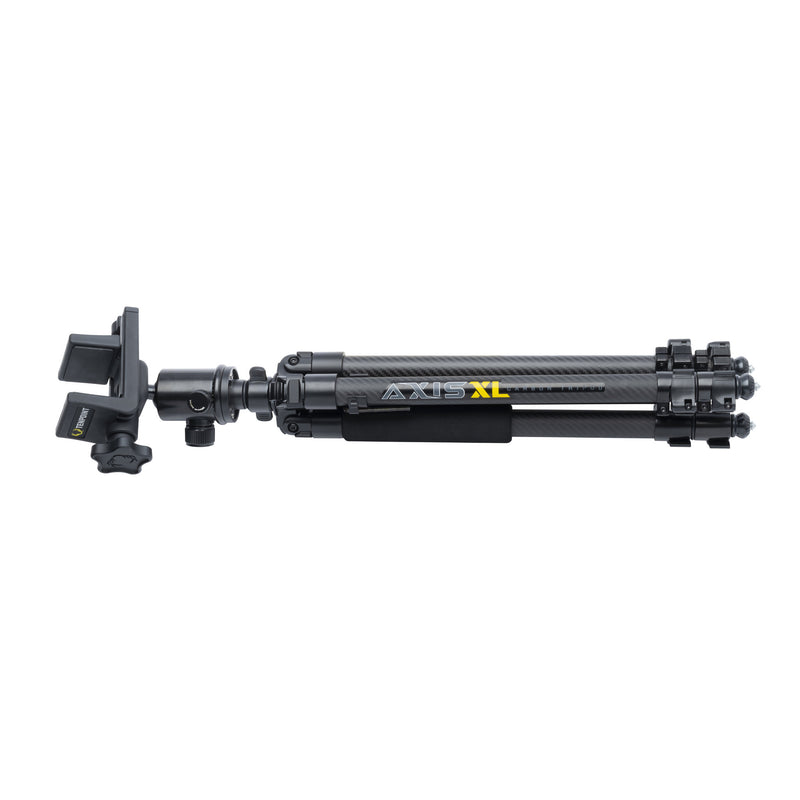 A black carbon fiber tripod with a carbon tube pattern and yellow 'AXR XL' branding, shown on a solid white background.