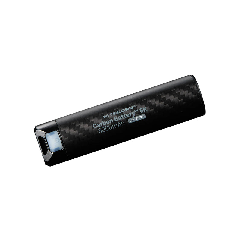Carbon fiber 6k mAh rechargeable battery on a white background