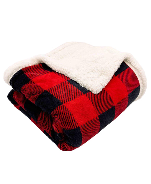 Red and black checkered blanket with white border on a white background