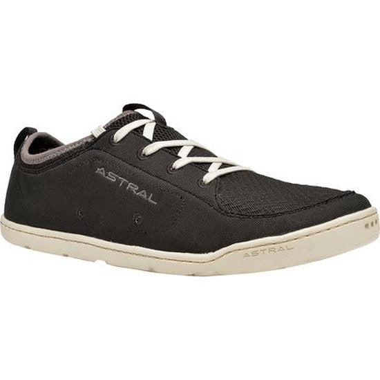 Black shoe with white laces on a white background