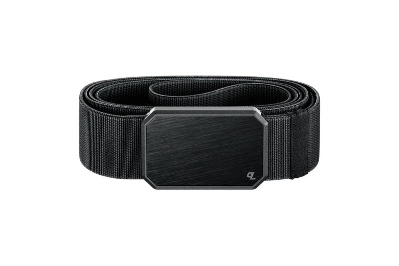 A black belt with a solid black buckle in the front